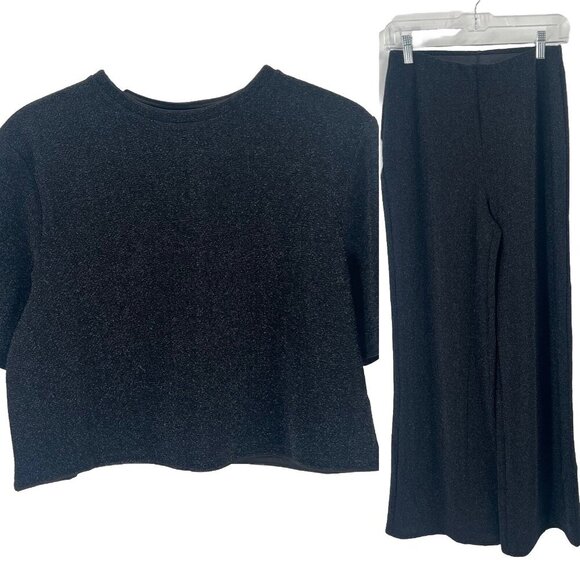 H&M Black Sparkle Set Wide Leg Pants Crop Tee Sz S NWT - Picture 1 of 10